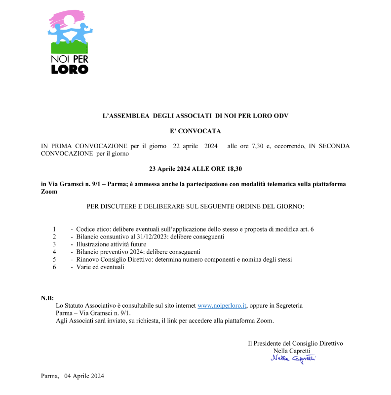 Convocazione Assemblea Associati Noi per Loro 2024